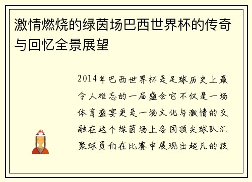 激情燃烧的绿茵场巴西世界杯的传奇与回忆全景展望