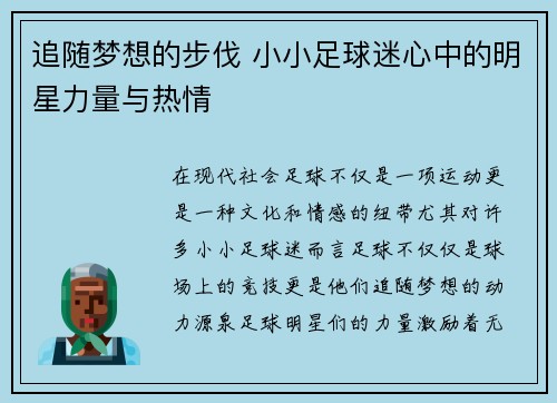 追随梦想的步伐 小小足球迷心中的明星力量与热情