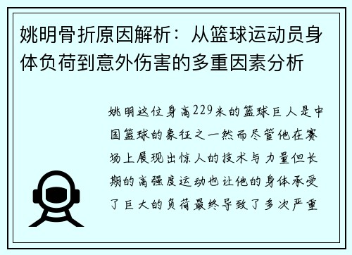 姚明骨折原因解析：从篮球运动员身体负荷到意外伤害的多重因素分析